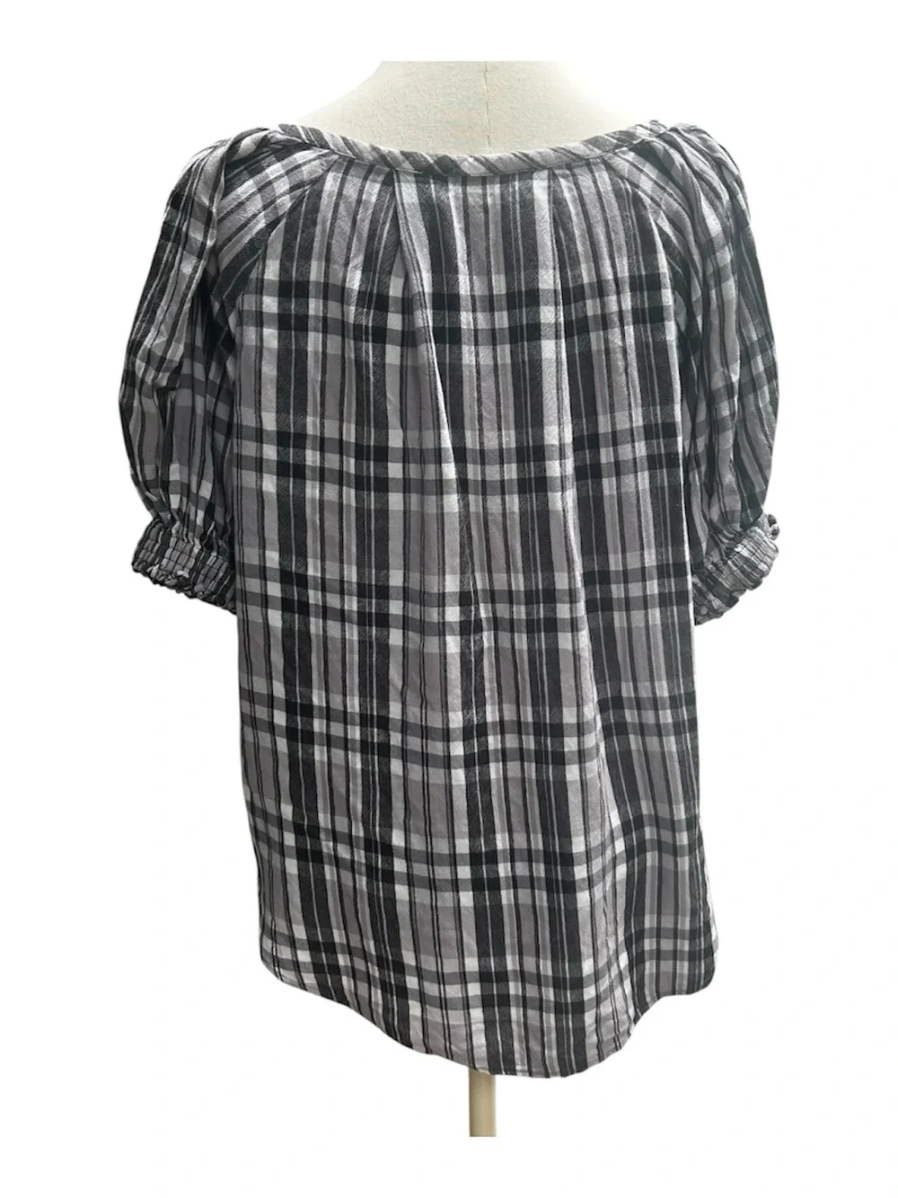 Loft Ann Taylor Plaid Check Flowy Top Womens Medium Black Gray
